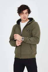 Erkek 3 İplik Pamuklu Fermuarlı Kapüşonlu Kanguru Cepli Baskılı Hoodie Hırka Sweatshirt - Yeşil