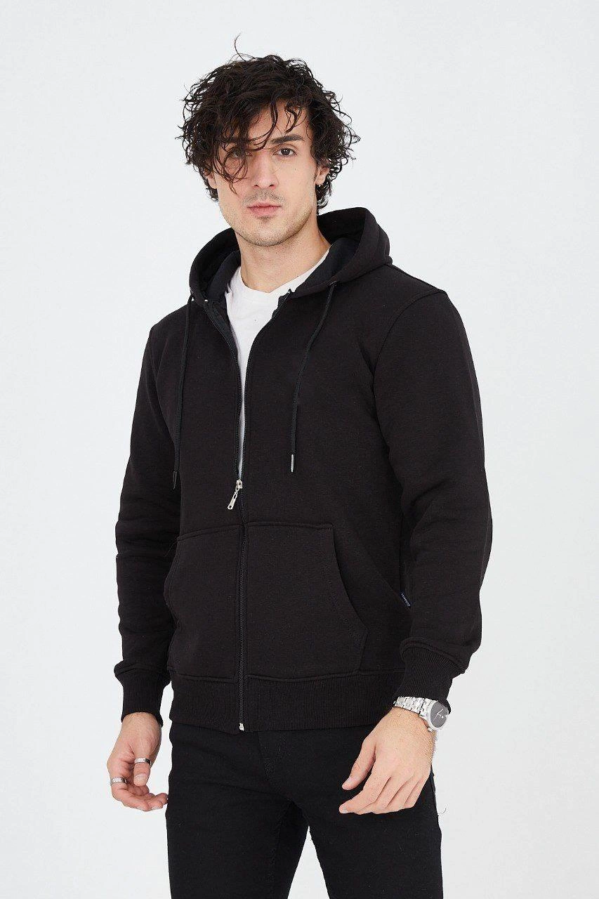 Erkek 3 İplik Pamuklu Fermuarlı Kapüşonlu Kanguru Cepli Hoodie Hırka Sweatshirt - Siyah