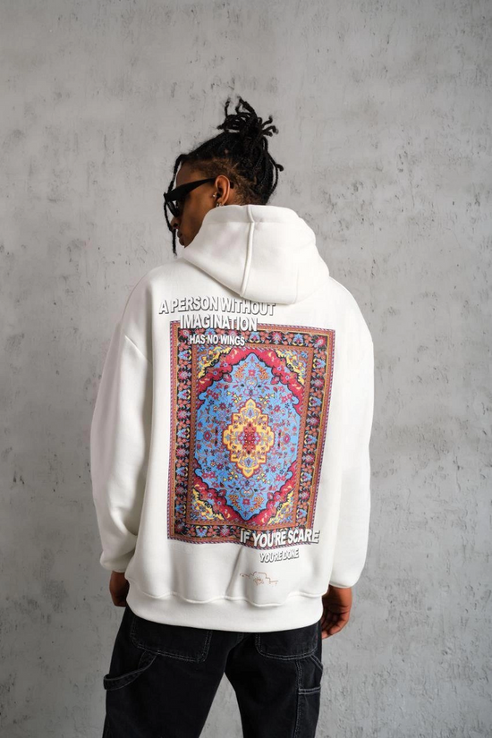 Erkek 3 İplik Pamuklu Kapüşonlu Baskılı Cepli Oversize Sweatshirt Hoodie - Beyaz