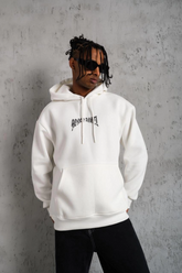 Erkek 3 İplik Pamuklu Baskılı Kapüşonlu Cepli Sweatshirt Hoodie - Beyaz