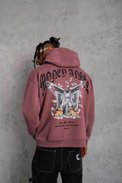 Erkek 3 İplik Pamuklu Baskılı Kapüşonlu Cepli Sweatshirt Hoodie - Gül Kurusu