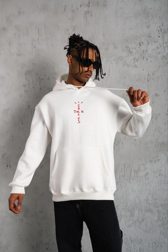 Erkek Kordonlu Arka Maske Kordon Saçlı Kapüşonlu sweatshirt hoodie - Beyaz