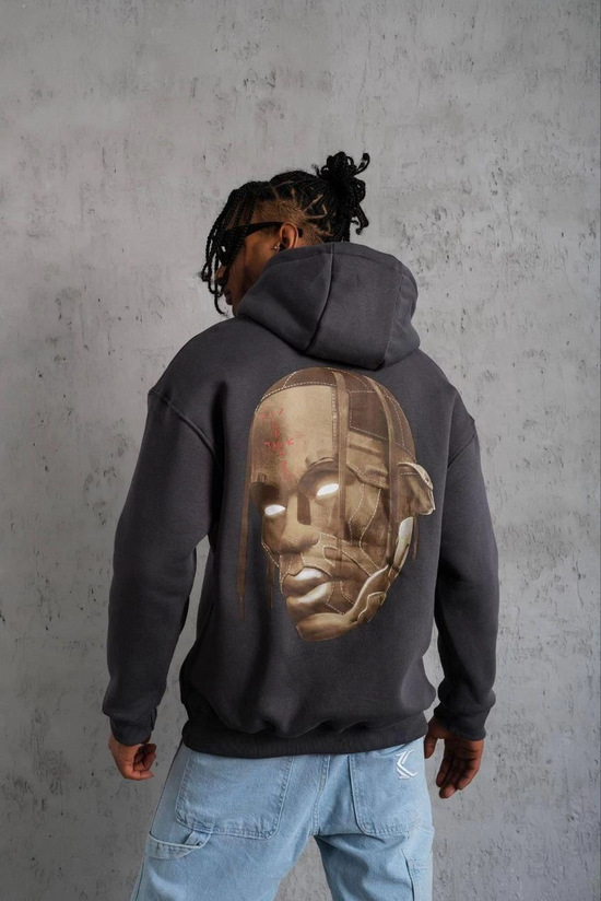 Erkek Kordonlu Arka Maske Kordon Saçlı 3 iplik pamuklu Kapüşonlu sweatshirt - Füme