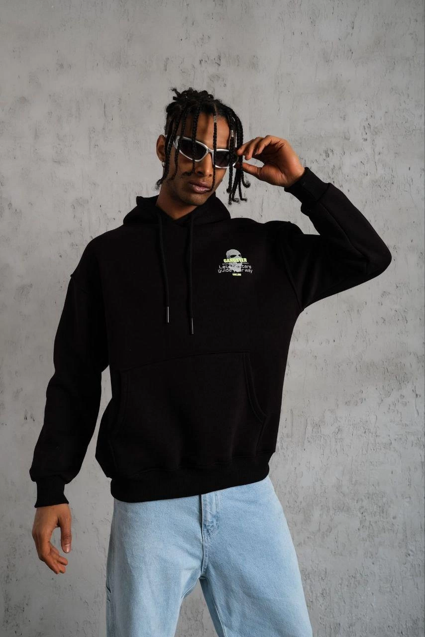 Erkek Baskılı Kapüşonlu 3 iplik pamuklu hoodie Sweatshirt - Siyah