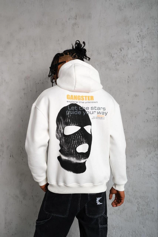 Erkek Maske Baskılı 3 iplik pamuklu Kapüşonlu Sweatshirt hoodie - Beyaz