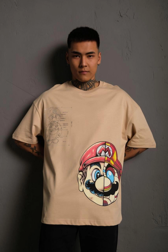 Erkek Mario Baskılı T-Shirt Oversize Kısa kol Bisiklet yaka tişort - Bej