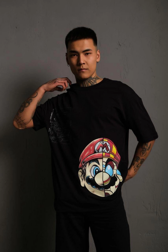 Erkek Mario Baskılı T-Shirt Oversize Kısa kol Bisiklet yaka tişort - Siyah
