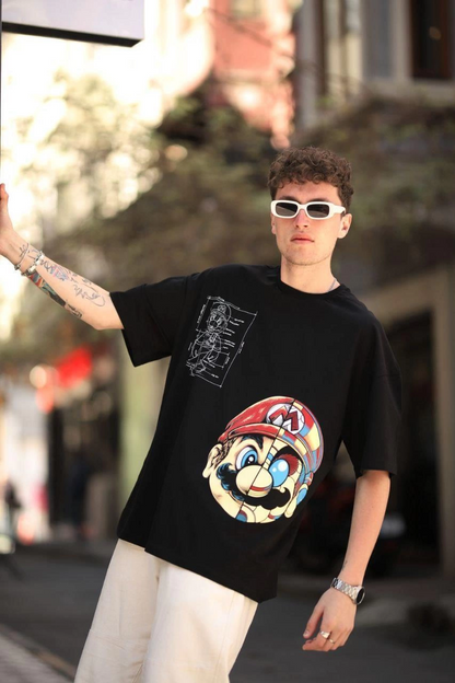 Erkek Mario Baskılı T-Shirt Oversize Kısa kol Bisiklet yaka tişort - Siyah