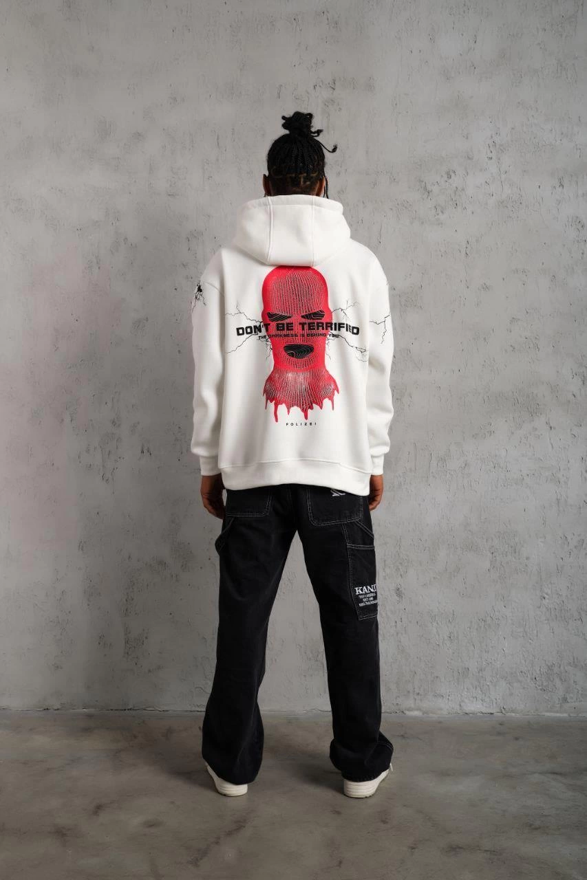 Erkek 3 İplik Pamuklu Kapüşonlu Baskılı Cepli Oversize Sweatshirt Hoodie - Beyaz