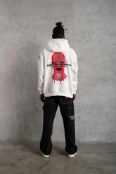 Erkek 3 İplik Pamuklu Kapüşonlu Baskılı Cepli Oversize Sweatshirt Hoodie - Beyaz
