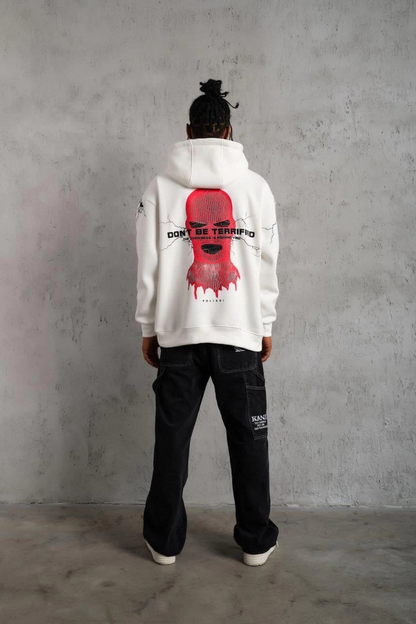 Erkek 3 İplik Pamuklu Kapüşonlu Baskılı Cepli Oversize Sweatshirt Hoodie - Beyaz
