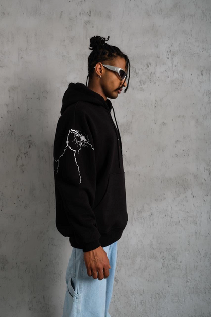 Erkek 3 İplik Pamuklu Kapüşonlu Baskılı Cepli Oversize Sweatshirt Hoodie - Siyah