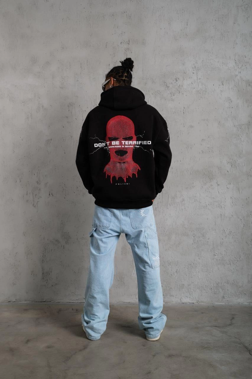 Erkek 3 İplik Pamuklu Kapüşonlu Baskılı Cepli Oversize Sweatshirt Hoodie - Siyah