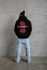 Erkek 3 İplik Pamuklu Kapüşonlu Baskılı Cepli Oversize Sweatshirt Hoodie - Siyah