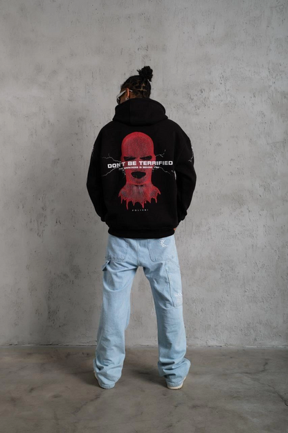Erkek 3 İplik Pamuklu Kapüşonlu Baskılı Cepli Oversize Sweatshirt Hoodie - Siyah