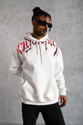 Erkek 3 İplik Pamuklu Baskılı Kapüşonlu Cepli Sweatshirt Hoodie - Beyaz