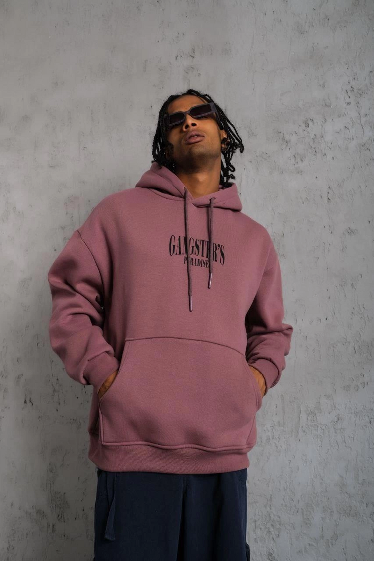Erkek 3 İplik Pamuklu Kapüşonlu Baskılı Cepli Oversize Sweatshirt Hoodie - Gül Kurusu