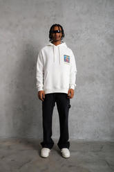 Erkek 3 İplik Pamuklu Kapüşonlu Baskılı Cepli Oversize Sweatshirt Hoodie - Beyaz