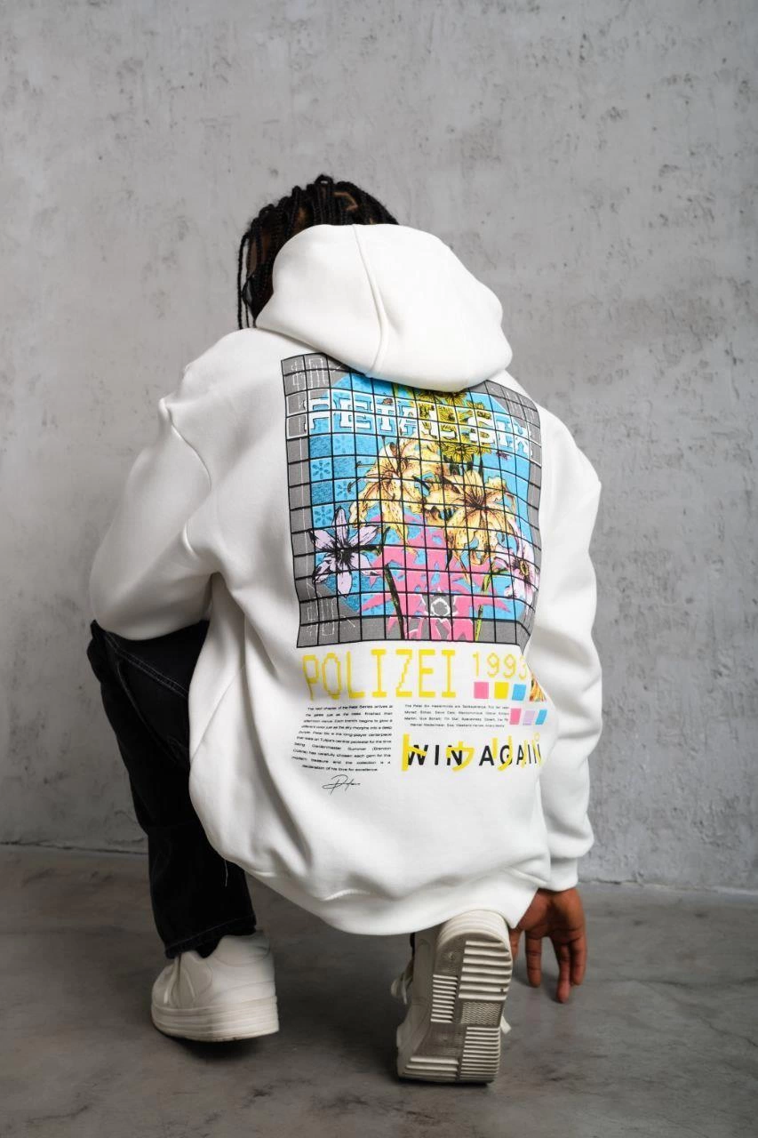 Erkek 3 İplik Pamuklu Kapüşonlu Baskılı Cepli Oversize Sweatshirt Hoodie - Beyaz