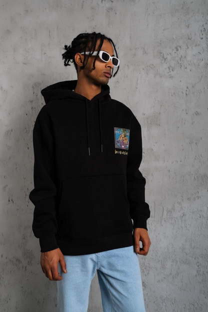 Erkek 3 İplik Pamuklu Kapüşonlu Baskılı Cepli Oversize Sweatshirt Hoodie - Siyah
