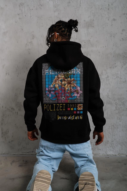 Erkek 3 İplik Pamuklu Kapüşonlu Baskılı Cepli Oversize Sweatshirt Hoodie - Siyah