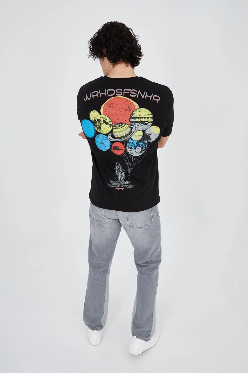 Erkek Baskılı T-Shirt Kısa Kol Bisiklet Yaka Regular Fit Rahat Kalıp Günlük Tişört - Siyah