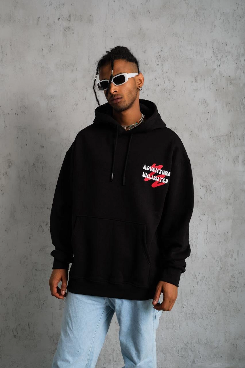 Erkek 3 İplik Pamuklu Kapüşonlu Baskılı Cepli Oversize Sweatshirt Hoodie - Siyah