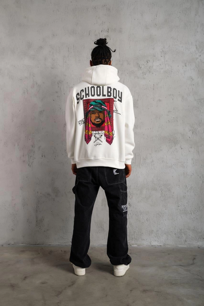 Erkek 3 İplik Pamuklu Kapüşonlu Baskılı Cepli Oversize Sweatshirt Hoodie - Beyaz