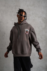 Erkek 3 İplik Pamuklu Kapüşonlu Baskılı Cepli Oversize Sweatshirt Hoodie - Gri