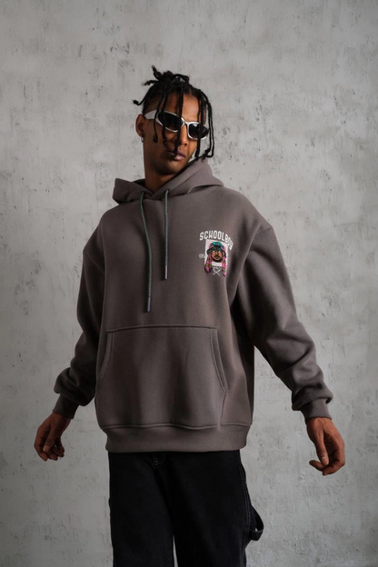Erkek 3 İplik Pamuklu Kapüşonlu Baskılı Cepli Oversize Sweatshirt Hoodie - Gri
