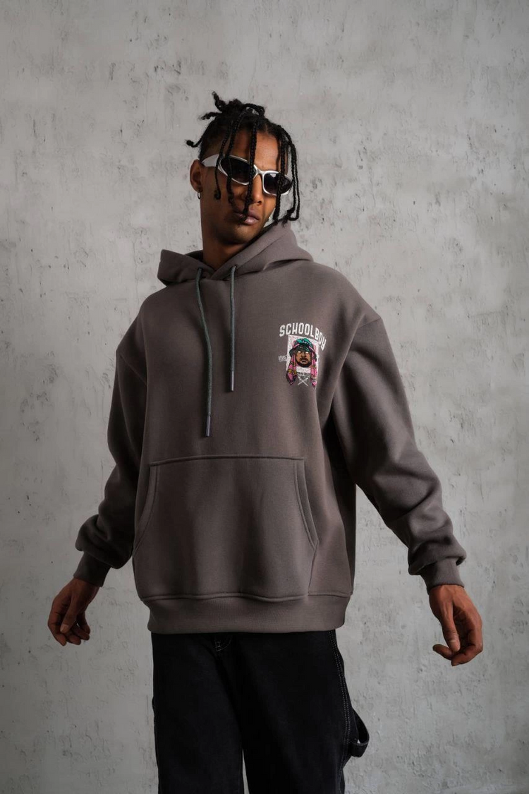 Erkek 3 İplik Pamuklu Kapüşonlu Baskılı Cepli Oversize Sweatshirt Hoodie - Gri