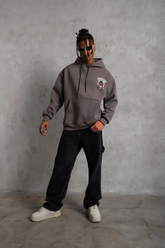 Erkek 3 İplik Pamuklu Kapüşonlu Baskılı Cepli Oversize Sweatshirt Hoodie - Gri