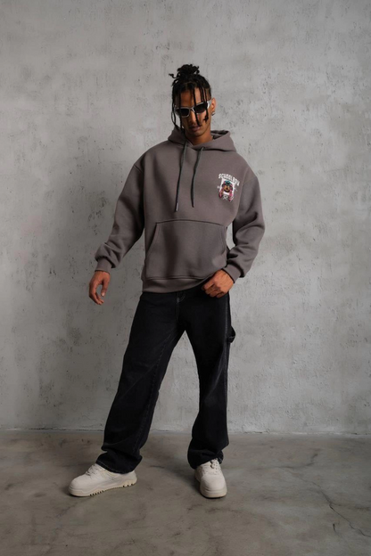Erkek 3 İplik Pamuklu Kapüşonlu Baskılı Cepli Oversize Sweatshirt Hoodie - Gri