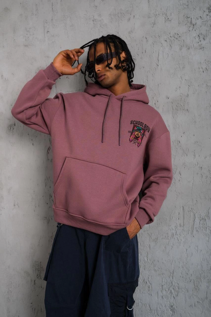 Erkek 3 İplik Pamuklu Kapüşonlu Baskılı Cepli Oversize Sweatshirt Hoodie - Gül Kurusu