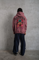 Erkek 3 İplik Pamuklu Kapüşonlu Baskılı Cepli Oversize Sweatshirt Hoodie - Gül Kurusu