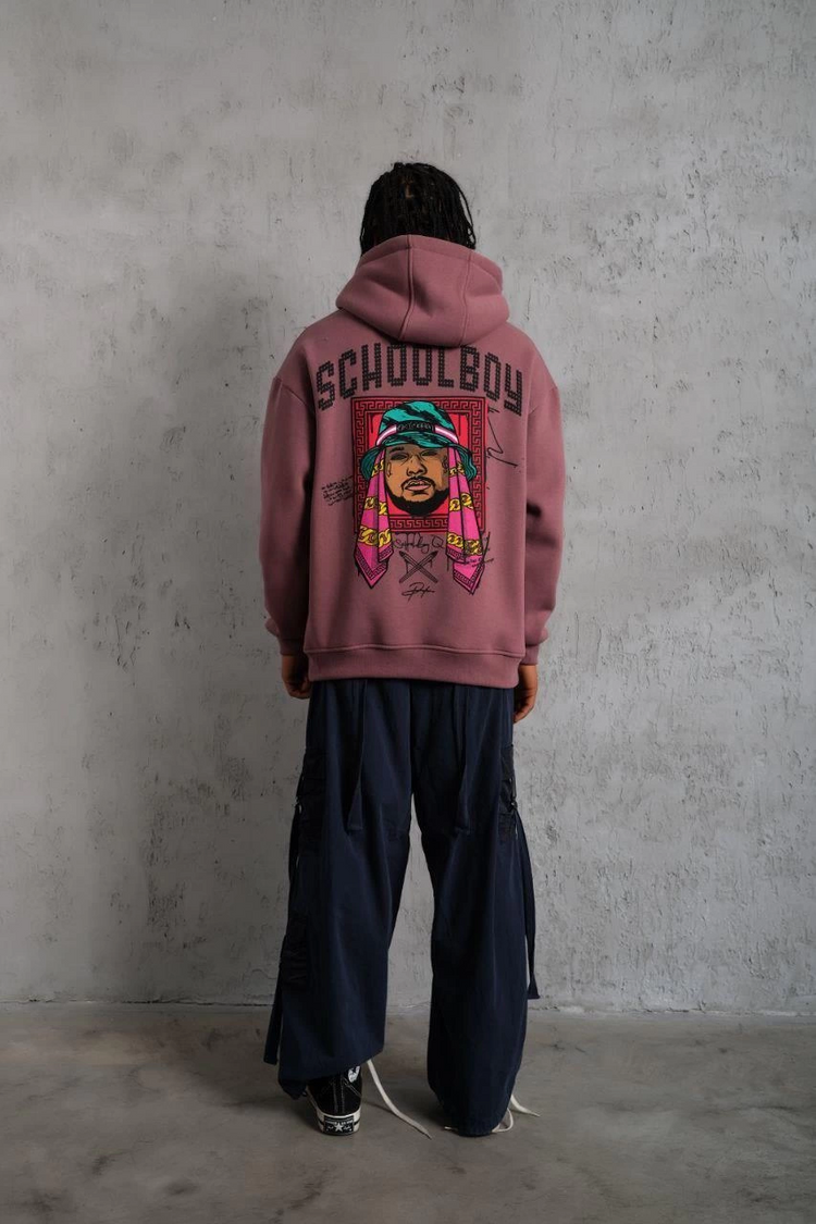 Erkek 3 İplik Pamuklu Kapüşonlu Baskılı Cepli Oversize Sweatshirt Hoodie - Gül Kurusu