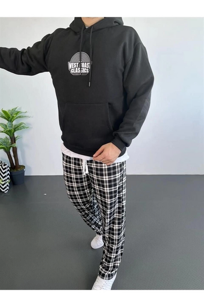 Erkek 3 İplik Pamuklu Kapüşonlu Baskılı Cepli Oversize Sweatshirt Hoodie - Siyah