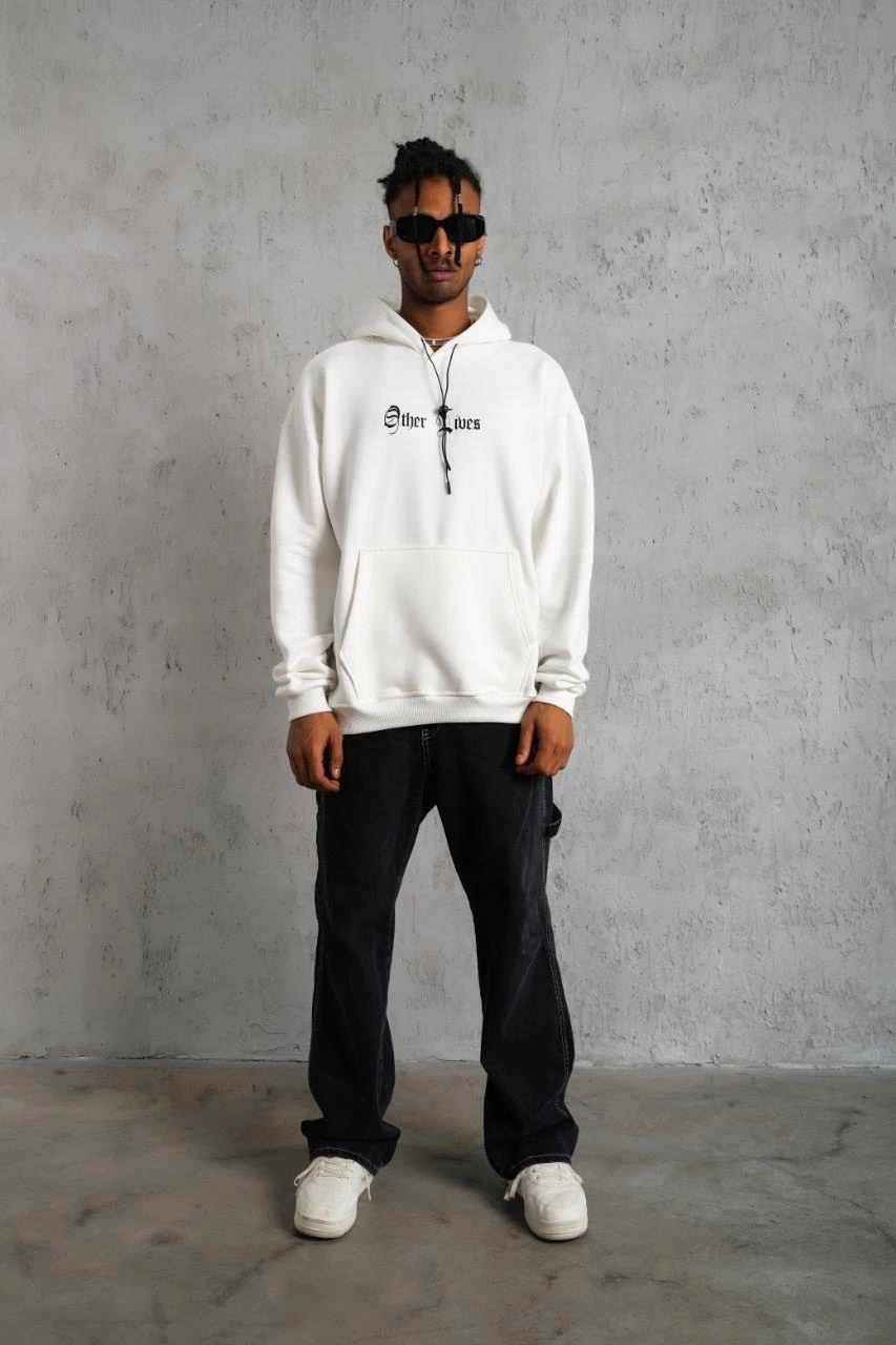 Erkek 3 İplik Pamuklu Kapüşonlu Baskılı Cepli Oversize Sweatshirt Hoodie - Beyaz