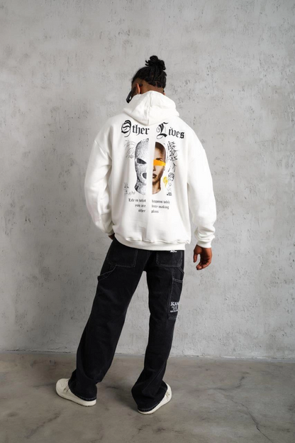 Erkek 3 İplik Pamuklu Kapüşonlu Baskılı Cepli Oversize Sweatshirt Hoodie - Beyaz