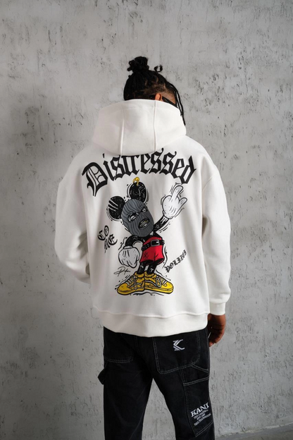 Erkek 3 İplik Pamuklu Kapüşonlu Baskılı Cepli Oversize Sweatshirt Hoodie - Beyaz