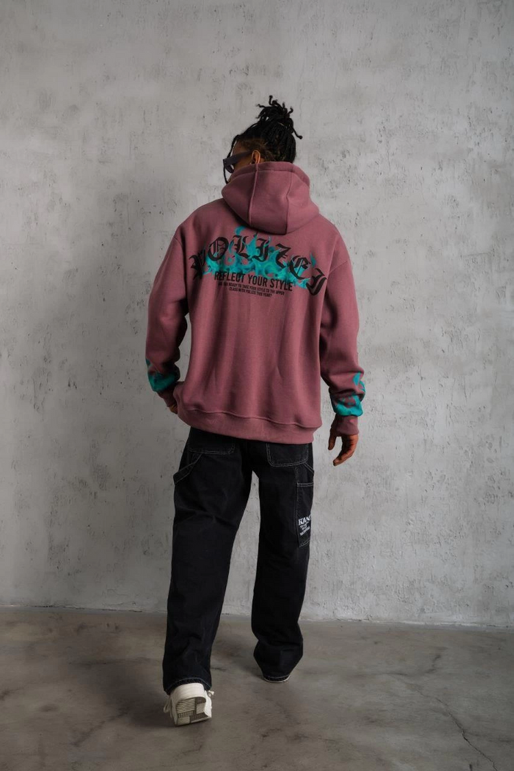 Erkek 3 İplik içi Pamuklu Alev Baskılı Kapüşonlu hoodie Sweatshirt - Gül Kurusu