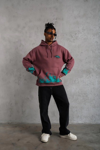 Erkek 3 İplik içi Pamuklu Alev Baskılı Kapüşonlu hoodie Sweatshirt - Gül Kurusu