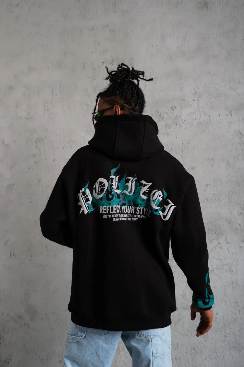 Erkek 3 İplik Pamuklu Alev Baskılı Kapüşonlu hoodie Sweatshirt - Siyah