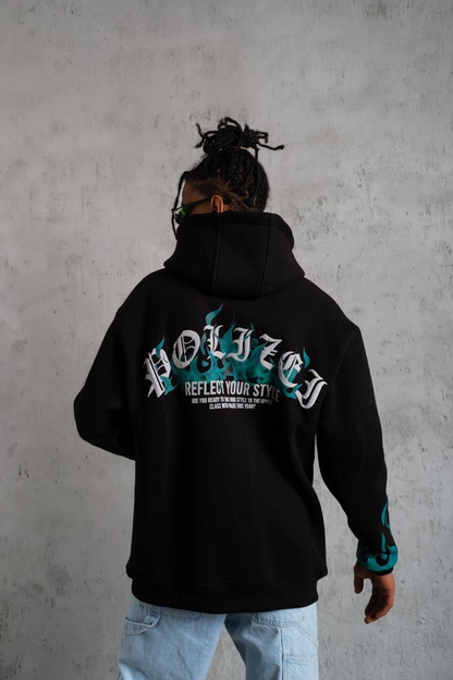 Erkek 3 İplik Pamuklu Alev Baskılı Kapüşonlu hoodie Sweatshirt - Siyah