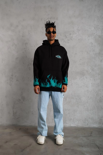 Erkek 3 İplik Pamuklu Alev Baskılı Kapüşonlu hoodie Sweatshirt - Siyah