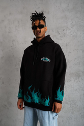 Erkek 3 İplik Pamuklu Alev Baskılı Kapüşonlu hoodie Sweatshirt - Siyah