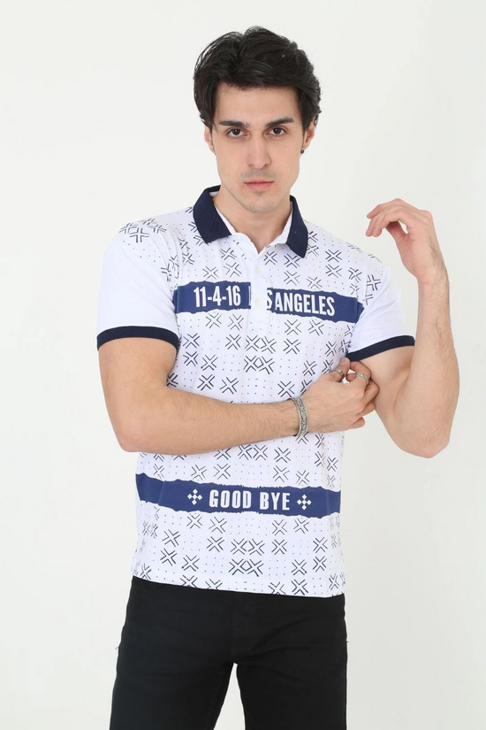 Erkek Polo Yaka Tişört Slim Fit Baskılı Kısa Kol T-Shirt - Beyaz