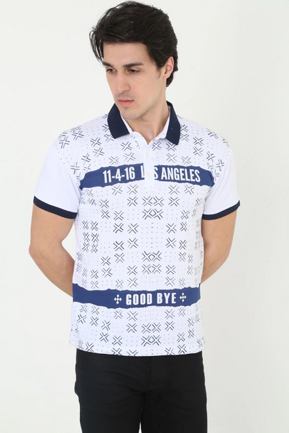 Erkek Polo Yaka Tişört Slim Fit Baskılı Kısa Kol T-Shirt - Beyaz