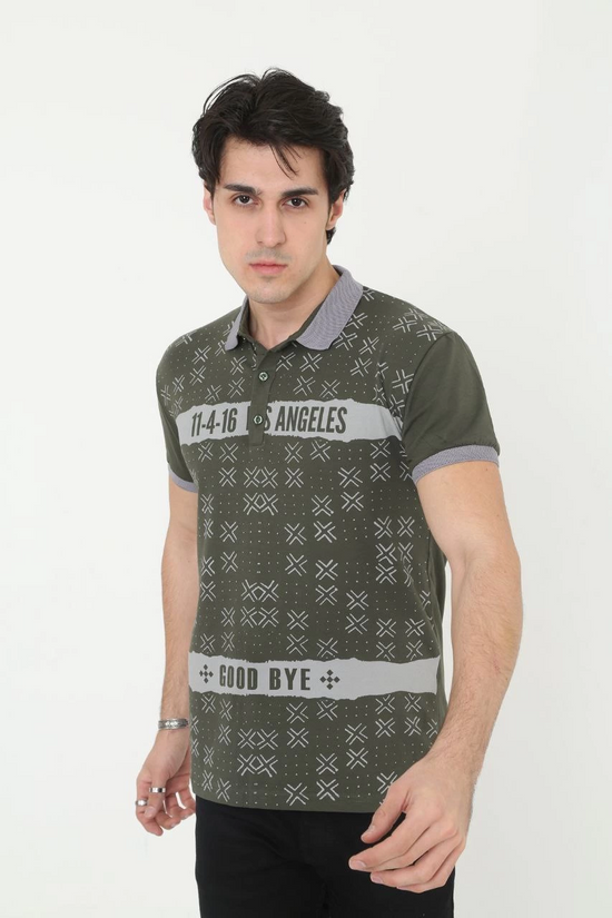 Erkek Polo Yaka tişört Slim Fit Baskılı Kısa kol T-Shirt - Haki