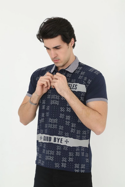Erkek Polo Yaka  tişört Slim Fit Baskılı Kısa kol T-Shirt - Lacivert
